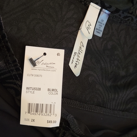 Black burnout velvet accent top NWT Sheer neck and sleeves, 2X NY Collection - Picture 11 of 13